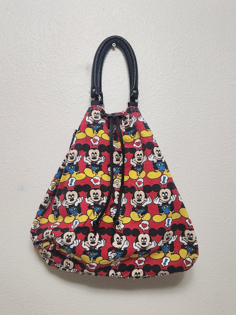 Vtg 90s Mickey Mouse Faces All Over Print Canvas Drawstring Bag Bucket Tote